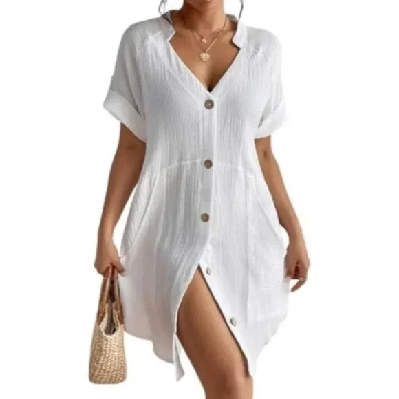 Women Button Down Tunic Dress V  Neck Swimsuit bikini Coverups - Picture 2 of 6